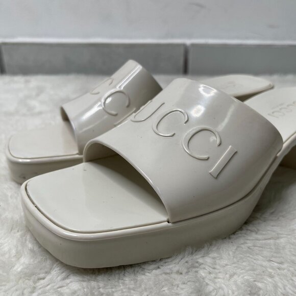 GUCCI Women's White Heeled Square Toe Slide Sandals Shoes Size 40 - Picture 6 of 14